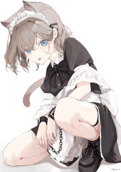 Rule 34 | 1girl, absurdres, animal ears, apron, black bow, black dress, black footwear, blue eyes, boots, bow, brown hair, cat ears, cat girl, cat tail, chain, commentary request, cross-laced footwear, cuffs, dress, frilled apron, frills, hair between eyes, hair intakes, hair ornament, hairclip, highres, lace-up boots, looking at viewer, maid, maid apron, maid headdress, mayogii, on one knee, original, puffy short sleeves, puffy sleeves, short sleeves, solo, strap slip, tail, thigh strap, tongue, tongue out, white apron