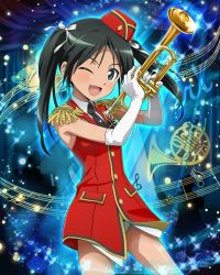 Rule 34 | 1girl, ;d, artist request, band uniform, beamed quavers, black hair, elbow gloves, epaulettes, fang, francesca lucchini, gloves, green eyes, hat, instrument, long hair, looking at viewer, marching band, musical note, necktie, one eye closed, open mouth, quaver, smile, solo, staff (music), strike witches, treble clef, trumpet, twintails, uniform, white gloves, world witches series
