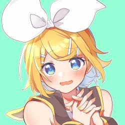 Rule 34 | 1girl, aqua background, bare shoulders, blonde hair, blue eyes, bow, duplicate, fang, fingers together, hair bow, hair ornament, hairclip, highres, kagamine rin, large bow, nail polish, open mouth, sailor collar, skin fang, solo, tatibanamarin, upper body, vocaloid, white bow, yellow nails