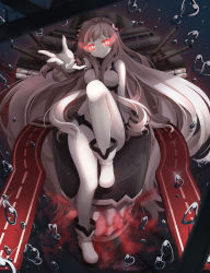 Rule 34 | 10s, 1girl, abyssal ship, airfield princess, ankle boots, bare shoulders, boots, breasts, bubble, cannon, colored skin, dress, glowing, glowing eyes, highres, horns, kantai collection, leg up, leotard, long hair, machinery, oni horns, pale skin, red eyes, sitting, smile, solo, sora (dkssud6580), teeth, turret, underwater, very long hair, water, white footwear, white hair, white skin
