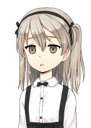 Rule 34 | 1girl, bad id, bad twitter id, black bow, black bowtie, black hairband, black ribbon, bow, bowtie, collared shirt, empty eyes, expressionless, girls und panzer, grey eyes, grey hair, hair ribbon, hairband, inactive account, jiji (aardvark), medium hair, one side up, open mouth, ribbon, shimada arisu, shirt, simple background, sketch, solo, suspenders, upper body, white background, white shirt