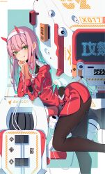 1girl :p absurdres black_pantyhose boqee darling_in_the_franxx dress elbow_rest from_side green_eyes hairband highres horns leaning_on_object long_hair looking_at_viewer military_dress_uniform military_uniform pantyhose pink_hair red_dress red_horns solo tongue tongue_out white_hairband zero_two_(darling_in_the_franxx)