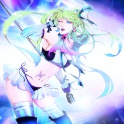Rule 34 | 1girl, aqua eyes, bad id, bad pixiv id, blue hair, bug, butterfly, earrings, fingerless gloves, gloves, gradient hair, green hair, hair ribbon, bug, jewelry, lipstick, long hair, makeup, microphone, microphone stand, midriff, multicolored hair, navel, one eye closed, open mouth, original, rabbit19, ribbon, solo, tattoo, thighhighs, two-tone hair, very long hair, wink