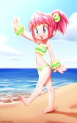 Rule 34 | artist name, barefoot, beach, bikini, hair ribbon, neocoill, original, pink hair, ribbon, smile, swimsuit, walking, wristband