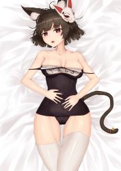 Rule 34 | 1girl, absurdres, animal ears, azur lane, bare shoulders, black hair, breasts, cat ears, cat tail, cleavage, clothes pull, cowboy shot, dakimakura (medium), highres, hoshibudou, looking at viewer, lying, mask, mask on head, medium breasts, on back, one-piece swimsuit, one-piece swimsuit pull, open mouth, red eyes, school swimsuit, short hair, solo, swimsuit, tail, thighhighs, white thighhighs, yamashiro (azur lane)