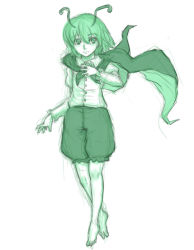 Rule 34 | 1girl, antenna hair, barefoot, cape, full body, green theme, highres, juliet sleeves, kuro suto sukii, long sleeves, looking at viewer, monochrome, open mouth, puffy sleeves, shirt, shorts, simple background, sketch, solo, touhou, walking, white background, wriggle nightbug