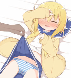 Rule 34 | 1girl, ahoge, arm up, ayanepuna, bed sheet, blonde hair, blue sailor collar, blue skirt, blush, bow, bow panties, brown cardigan, cardigan, closed eyes, clothes lift, gluteal fold, hair between eyes, lifting another&#039;s clothes, long sleeves, lying, neckerchief, nose blush, on back, open cardigan, open clothes, open mouth, original, out of frame, panties, pleated skirt, sailor collar, school uniform, serafuku, shirt, skirt, skirt lift, sleeves past wrists, solo focus, stained panties, striped clothes, striped panties, tears, underwear, undone neckerchief, wavy mouth, white shirt, x-ray, yellow neckwear, yuki (ayanepuna)
