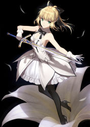 Rule 34 | 1girl, artoria pendragon (fate), bare shoulders, black background, black bow, blonde hair, bow, detached collar, fame peera, fate/grand order, fate (series), flower, gloves, green eyes, hair bow, high heels, highres, lily (flower), long hair, looking to the side, pantyhose, petals, ponytail, saber (fate), saber lily, simple background, solo, sword, weapon