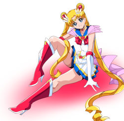 Rule 34 | 1girl, arm support, bare legs, bishoujo senshi sailor moon, blonde hair, blue eyes, boots, choker, closed mouth, double bun, dress, elbow gloves, female focus, full body, gloves, hair bun, hair ornament, head tilt, heart, heart necklace, high heel boots, high heels, jewelry, knee up, legs, long hair, looking at viewer, magical girl, neck, necklace, parted bangs, pleated dress, red footwear, sailor moon, sailor senshi, sailor senshi uniform, see-through, sitting, smile, solo, super sailor moon, tiara, tsukino usagi, twintails, very long hair, warabimochi, white dress, white gloves