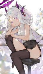 Rule 34 | 1girl, bare arms, bare shoulders, black skirt, black thighhighs, blue archive, cheek rest, collared shirt, dema hmw, hair ornament, hairclip, halo, highres, hina (blue archive), horns, knee up, long hair, looking at viewer, miniskirt, no jacket, one side up, parted bangs, parted lips, pencil skirt, purple eyes, shirt, shirt tucked in, side slit, sitting, skirt, sleeveless, sleeveless shirt, solo, stool, thighhighs, thighs, white background, white hair, white shirt