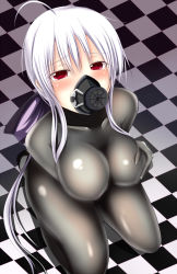Rule 34 | 1girl, ahoge, albino, bad id, bad pixiv id, blush, bodysuit, bow, grabbing another&#039;s breast, breast hold, breasts, breasts squeezed together, checkered floor, cleavage, collarbone, covered erect nipples, floor, from above, gas mask, gloves, grabbing, grabbing own breast, hair bow, highres, impossible bodysuit, impossible clothes, indoors, large breasts, latex, long hair, looking at viewer, low ponytail, mask, on floor, ponytail, raised eyebrows, red eyes, see-through, seiza, shadow, sidelocks, sitting, skin tight, solo, tachihaya hiro, tears, very long hair, vocaloid, white hair, yowane haku
