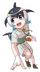 Rule 34 | 1girl, action, alternate costume, beige shirt, beige shorts, black footwear, black hair, blonde hair, blowhole, blue eyes, blue hair, blush, cetacean tail, chalk, collared shirt, commentary request, common dolphin (kemono friends), fins, fish tail, glasses, gloves, green shirt, grey hair, highres, kemono friends, kemono friends 3, khakis, multicolored hair, neckwear request, shirt, shoes, short hair, short sleeves, sneakers, socks, solo, tail, takebi, two-tone shirt, uniform, white background, white gloves, white hair, white socks