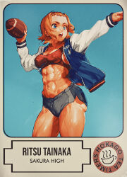 Rule 34 | abs, alternate muscle size, american football, belly, blue eyes, brown hair, contrapposto, covered erect nipples, cowboy shot, highres, jersey, k-on!, keigi, muscular, muscular female, navel piercing, open mouth, piercing, solo, sports bra, sportswear, tainaka ritsu, throwing