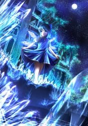 Rule 34 | 1girl, blue eyes, blue hair, bow, cirno, column, crystal, dress, dutch angle, from below, full moon, hair bow, ivy, looking at viewer, matching hair/eyes, moon, open mouth, outdoors, pengin (takeoff425), pillar, ribbon, ruins, short hair, skirt hold, sky, solo, star (sky), starry sky, touhou, tree, water, wings