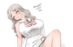 Rule 34 | 1girl, absurdres, breasts, closed eyes, cosplay, dated, diagonal-striped clothes, diagonal-striped neckerchief, dress, grey hair, highres, kantai collection, large breasts, libeccio (kancolle), libeccio (kancolle) (cosplay), long hair, maru (marg0613), neckerchief, out-of-frame censoring, pola (kancolle), sailor dress, simple background, sleeping, sleeveless, sleeveless dress, solo, striped clothes, striped neckerchief, thick eyebrows, twitter username, white background, white dress