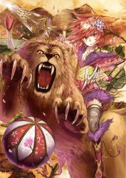 Rule 34 | 1girl, ball, highres, kamome yuu, lion, looking at viewer, original, polearm, short hair, smile, thighhighs, weapon