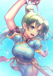 Rule 34 | 1girl, blue dress, breasts, dress, earrings, fingerless gloves, fire emblem, fire emblem: the blazing blade, fukadumeasadume, gloves, green eyes, green hair, highres, jewelry, katana, large breasts, long hair, looking at viewer, lyn (fire emblem), nintendo, ponytail, rope belt, sheath, smile, sword, thighs, weapon