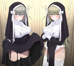 Rule 34 | 2girls, black dress, black garter straps, black panties, black thighhighs, blue eyes, blush, bow, breasts, brown eyes, brown hair, center frills, closed mouth, clothes lift, commentary request, dress, dress lift, fed (giba), frills, garter straps, gloves, groin, hair between eyes, indoors, interlocked fingers, large breasts, lifted by self, long hair, long sleeves, looking at viewer, multiple boys, multiple girls, nun, original, own hands together, paid reward available, panties, pelvic curtain, shirt, side-tie panties, skindentation, smile, standing, thighhighs, underwear, white bow, white gloves, white panties, white shirt, white thighhighs