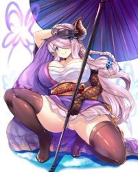 Rule 34 | 10s, 1girl, black gloves, black thighhighs, blue eyes, blush, braid, breasts, bug, butterfly, cleavage, closed mouth, draph, elbow gloves, full body, gloves, gluteal fold, granblue fantasy, hair ornament, hair over one eye, hinata sora, horns, insect, japanese clothes, katana, kimono, large breasts, light purple hair, long hair, looking at viewer, low-tied long hair, narmaya (granblue fantasy), narmaya (visions of butterflies) (granblue fantasy), obi, oil-paper umbrella, open clothes, open kimono, pointy ears, sarashi, sash, side braid, sidelocks, single braid, single elbow glove, smile, solo, spread legs, squatting, sword, thighhighs, umbrella, very long hair, weapon, wide sleeves