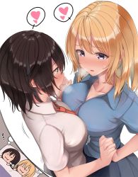 Rule 34 | 2girls, black hair, blonde hair, blue shirt, breast press, breasts, closed eyes, commentary request, dreaming, eye contact, fumei (mugendai), heart, highres, holding hands, interlocked fingers, large breasts, looking at another, maribel hearn, multiple girls, necktie, open mouth, purple eyes, red neckwear, shirt, short hair, simple background, sleeping, spoken heart, symmetrical docking, teruyof, touhou, usami renko, white background, white shirt, yuri