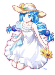 Rule 34 | 1girl, blue eyes, dana (ys), dress, flower, hair over one eye, hat, hat flower, holding, holding flower, low twintails, parted bangs, signature, simple background, smile, solo, sun hat, sundress, sunflower, twintails, white background, xiacheng tatsuya, ys, ys viii lacrimosa of dana