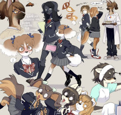Rule 34 | !, 6+girls, animal ears, animal nose, black footwear, black hair, body fur, bow, bowtie, brown eyes, brown hair, bug, butterfly, closed eyes, dog ears, dog girl, dog tail, furry, furry female, glasses, grey background, hair bow, highres, insect, kikurage (crayon arts), lab coat, leaning to the side, loafers, makeup, multiple girls, notebook, one eye closed, open mouth, original, pleated skirt, ponytail, red bow, red bowtie, school uniform, shoes, simple background, skirt, socks, spoken exclamation mark, standing, sweatdrop, tail, walking