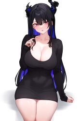 Rule 34 | 1girl, absurdres, alternate costume, asymmetrical horns, black hair, blue hair, bluefield, blush, breasts, cleavage, colored inner hair, demon horns, hair ornament, highres, hololive, hololive english, horn flower, horns, large breasts, long hair, looking at viewer, mole, mole under eye, multicolored hair, nerissa ravencroft, red eyes, simple background, solo, two-tone hair, uneven horns, very long hair, virtual youtuber, white background