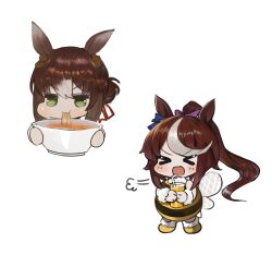 Rule 34 | &gt; &lt;, 2girls, :d, absurdres, animal ears, bee costume, bee wings, bendy straw, blue bow, blush stickers, bow, bowl, brown hair, chibi, closed eyes, commentary, cup, dokomon, drinking glass, drinking straw, ear bow, eating, fine motion (umamusume), food, grey hair, hair between eyes, hair bun, hair ornament, hair ribbon, high ponytail, highres, holding, holding bowl, holding cup, horse ears, insect wings, korean commentary, multicolored hair, multiple girls, noodles, open mouth, pink ribbon, ponytail, ramen, ribbon, shoes, simple background, smile, streaked hair, striped, tokai teio (umamusume), umamusume, v-shaped eyebrows, white background, wings, xd, yellow footwear