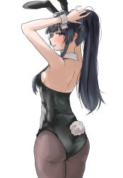 Rule 34 | 1girl, absurdres, adjusting hair, animal ears, armpits, arms up, ass, backbone, backless outfit, black pantyhose, blue hair, blunt bangs, blush, blush stickers, breasts, cowboy shot, dark blue hair, detached collar, ear blush, embarrassed, fake animal ears, from behind, full-face blush, highres, idolmaster, idolmaster million live!, leotard, looking at viewer, looking back, medium breasts, mogami shizuka, mouth hold, nape, pantyhose, pdal (pdalhhh), playboy bunny, ponytail, profile, rabbit ears, rabbit tail, rubber band, sideboob, simple background, solo, tail, tying hair, white background, wrist cuffs