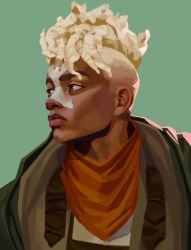 Rule 34 | 1boy, arcane: league of legends, asymmetrical hair, bella nalin (redtreaclx), blonde hair, brown eyes, brown jacket, closed mouth, dark-skinned male, dark skin, ekko (league of legends), firelight ekko, from side, green background, jacket, league of legends, looking to the side, male focus, red scarf, scarf, short hair, sidecut, simple background, solo, undercut, upper body