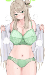 Rule 34 | 1girl, blue archive, blush, bra, breasts, brown hair, closed mouth, green bra, green eyes, green halo, green panties, halo, highres, lace, lace panties, large breasts, long hair, looking at viewer, navel, nonomi (blue archive), open clothes, open shirt, panties, shirt, simple background, solo, standing, sweat, thighs, tsumayouji (tumayog), underwear, white background, white shirt