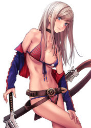Rule 34 | 1girl, abs, ammunition belt, applekun, asymmetrical clothes, belt, bikini, black choker, blue eyes, blue jacket, blush, breasts, brown belt, choker, cleavage, closed mouth, fate/grand order, fate (series), feet out of frame, gunblade, hair down, highres, jacket, long hair, looking at viewer, medium breasts, mismatched bikini, miyamoto musashi (fate), miyamoto musashi (fate/grand order), miyamoto musashi (swimsuit berserker) (fate), miyamoto musashi (swimsuit berserker) (second ascension) (fate), navel, off shoulder, open clothes, open jacket, red bikini, silver hair, simple background, skindentation, smile, solo, star (symbol), star print, stomach, string bikini, striped bikini, striped clothes, swept bangs, swimsuit, toned, vertical-striped bikini, vertical-striped clothes, weapon, white background
