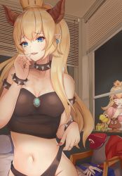 Rule 34 | 2girls, 2others, armlet, bare shoulders, bed, black panties, window blinds, blonde hair, blouse, blue eyes, bowsette, bracelet, breasts, breasts apart, bustier, character doll, cleavage, unworn clothes, collar, cowboy shot, creture, crown, earrings, facing viewer, fangs, frontal wedgie, gloves, goomba, highres, horns, indoors, jealous, jewelry, koopa, looking at viewer, mario (series), medium breasts, mouth hold, multiple girls, multiple others, navel, new super mario bros. u deluxe, nintendo, nurumaru yu, overalls, panties, panty pull, pillow, pointy ears, princess, princess peach, red shirt, ring, shirt, shoes, small breasts, smile, spiked armlet, spiked bracelet, spiked collar, spikes, standing, stuffed toy, super crown, underwear, window