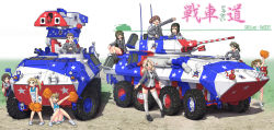Rule 34 | 10s, 6+girls, akiyama yukari, alisa (girls und panzer), american flag, amphibious vehicle, armored reconnaissance, armored vehicle, autocannon, blonde hair, blue eyes, brown hair, camcorder, cannon, chain gun, cheerleader, flag print, girls und panzer, hase yu, highres, kay (girls und panzer), lav-25, lav-at, long hair, m242 bushmaster, military, military vehicle, missile launcher, motor vehicle, multiple girls, naomi (girls und panzer), open mouth, pom pom (cheerleading), reconnaissance vehicle, remote controlled weapon station, scout car, short hair, sitting, skirt, sleeves rolled up, tank, thighhighs, turret, uniform, vehicle, video camera, weapon
