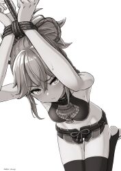 Rule 34 | 1girl, arms up, bare shoulders, bound, breasts, crop top, genshin impact, greyscale, hair between eyes, hair ornament, high ponytail, highres, kuki shinobu, long hair, looking at viewer, midriff, monochrome, nosuku, restrained, rope, short shorts, shorts, sidelocks, small breasts, solo, thighhighs, thighs