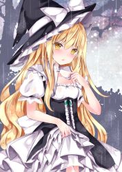 Rule 34 | 1girl, :o, bad id, bad pixiv id, bare tree, black dress, black hat, blonde hair, blush, bow, breasts, collarbone, dress, hair between eyes, hand up, hat, hat bow, highres, kirisame marisa, long hair, looking at viewer, nanase nao, open mouth, puffy short sleeves, puffy sleeves, rain, shirt, short sleeves, small breasts, solo, touhou, tree, very long hair, wet, wet clothes, wet hair, wet shirt, white bow, witch hat, yellow eyes