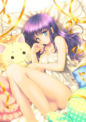 Rule 34 | 1girl, :3, bare shoulders, barefoot, bed sheet, blue eyes, blush, breasts, brown eyes, cleavage, dress, fetal position, from above, legs, long hair, looking at viewer, naked blanket, naked sheet, original, pillow, purple hair, ribbon, sleeveless, sleeveless dress, stuffed animal, stuffed cat, stuffed toy, touto seiro, white dress