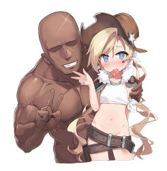 Rule 34 | 1boy, 1girl, bad id, bad pixiv id, belt, belt skirt, blonde hair, blue eyes, blush, bow, clothed female nude male, colt revolver (girls&#039; frontline), condom, condom in mouth, condom wrapper, cowboy hat, cropped legs, dark-skinned male, dark skin, epaulettes, fur trim, girls&#039; frontline, grin, groin, hair bow, hand on another&#039;s shoulder, hat, highres, kylin, long hair, low twintails, mouth hold, muscular, navel, no panties, nude, shirt, simple background, sleeveless, smile, star (symbol), star tattoo, tattoo, tied shirt, twintails, v, very long hair, wavy hair, white background