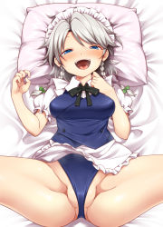 Rule 34 | 1girl, apron, bed sheet, black ribbon, blue eyes, blush, braid, breasts, buttons, commentary request, frilled apron, frills, green ribbon, hair ribbon, harusame (unmei no ikasumi), highleg, highleg leotard, izayoi sakuya, leotard, lying, m legs, maid, maid apron, maid headdress, medium breasts, medium hair, narrowed eyes, neck ribbon, on back, open mouth, pillow, puffy short sleeves, puffy sleeves, ribbon, short sleeves, sidelocks, silver hair, solo, teeth, thighs, tongue, touhou, tress ribbon, twin braids, upper teeth only, waist apron, white apron, wing collar