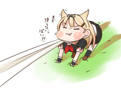 Rule 34 | 10s, 1girl, :t, all fours, blonde hair, deformed, fingerless gloves, gloves, grass, hair flaps, horoyuki (gumizoku), kantai collection, kemonomimi mode, looking at viewer, miniskirt, puffy cheeks, scarf pull, school uniform, skirt, solo, translation request, wavy mouth, yuudachi (kancolle), yuudachi kai ni (kancolle)
