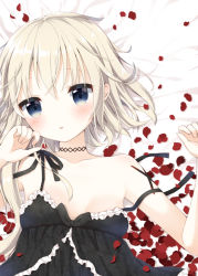 Rule 34 | 1girl, bare arms, bare shoulders, bed sheet, black dress, black ribbon, blonde hair, blue eyes, breasts, collarbone, commentary request, dress, hair between eyes, hand up, head tilt, looking at viewer, lying, on back, original, parted lips, petals, ribbon, small breasts, solo, strap slip, tia-chan, uchuuneko, untied