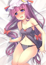 Rule 34 | 1girl, babydoll, bad id, bad pixiv id, bed sheet, black panties, blush, chemise, crescent, female focus, hair ribbon, hat, highres, lace, lace-trimmed panties, lace trim, lingerie, long hair, lying, midriff, mizuki hitoshi, navel, off shoulder, on back, open mouth, oruto (ort+), oruton, panties, patchouli knowledge, purple eyes, purple hair, ribbon, sheet grab, solo, strap slip, tears, touhou, underwear, wavy mouth