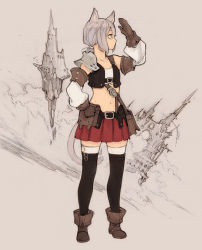 Rule 34 | 10s, 1girl, animal ears, armor, bag, belt, black thighhighs, boots, crop top, detached sleeves, final fantasy, final fantasy xiv, full body, gloves, hand on own hip, looking away, low ponytail, midriff, miqo&#039;te, navel, pleated skirt, pouch, shiohara shin&#039;ichi, short ponytail, shoulder bag, silver hair, skirt, solo, square enix, standing, thighhighs, vest, warrior of light (ff14), zettai ryouiki
