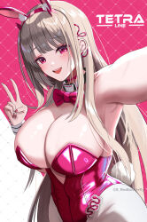 Rule 34 | 1girl, absurdres, animal ears, armpits, black collar, blush, bow, bowtie, breasts, choker, cleavage, collar, commentary, covered navel, cowboy shot, english commentary, fake animal ears, fake tail, goddess of victory: nikke, grey pantyhose, heart, heart choker, highres, horns, large breasts, leotard, light brown hair, lips, lipstick, long hair, looking at viewer, makeup, mole, mole under eye, multicolored nails, nail polish, official alternate costume, open mouth, outstretched arm, pantyhose, patterned background, pink background, pink bow, pink bowtie, pink eyes, pink leotard, playboy bunny, rabbit ears, rabbit tail, red nails, s redbutterfly, selfie, sidelocks, simple background, smile, solo, standing, straight hair, strapless, strapless leotard, tail, twitter username, v, viper (nikke), viper (toxic rabbit) (nikke), white background, white nails