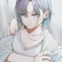 Rule 34 | 1girl, alternate costume, asakura toru, blue hair, blush, breasts, cleavage, collarbone, dress, earrings, fingernails, gradient hair, highres, idolmaster, idolmaster shiny colors, iwawa, jewelry, lace, lace-trimmed dress, lace trim, light purple hair, looking to the side, medium breasts, multicolored hair, nail polish, necklace, ring, sleeveless, sleeveless dress, solo, upper body, white dress