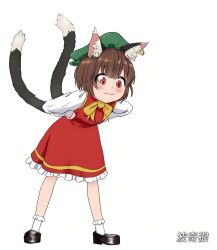 Rule 34 | 1girl, :3, animal ear fluff, animal ear piercing, animal ears, blush, bobby socks, bow, bowtie, brown hair, cat ears, cat tail, chen, commentary request, dress, earrings, full body, green hat, hands on own hips, hat, highres, jewelry, legs apart, looking down, mob cap, multiple tails, nekomata, petite, petticoat, qi lang3568, red dress, red eyes, short hair, simple background, single earring, socks, solo, standing, tail, touhou, two tails, white background, yellow bow, yellow bowtie