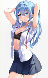 Rule 34 | 1girl, absurdres, arms up, black bra, black skirt, blue eyes, blue hair, bra, breasts, cleavage, collarbone, collared shirt, commentary, dress shirt, english commentary, frilled bra, frills, hair between eyes, hair tie, highres, long hair, medium breasts, miniskirt, mouth hold, navel, open clothes, open shirt, original, ponytail, school uniform, shirt, short sleeves, sidelocks, simple background, skirt, solo, ttopang, tying hair, underwear, white background, white shirt