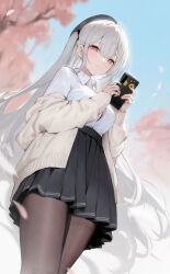 Rule 34 | 1girl, absurdres, azur lane, black skirt, blue sky, blurry, blurry background, breasts, cardigan, character print, cherry blossoms, closed mouth, collared shirt, commentary request, dress shirt, from below, hagi (ame hagi), hands up, heart, heart print, high-waist skirt, highres, holding, holding phone, large breasts, legs together, long hair, long sleeves, manjuu (azur lane), miniskirt, official alternate costume, official art, open cardigan, open clothes, outdoors, pantyhose, partially unbuttoned, phone, pleated skirt, red eyes, scylla (azur lane), scylla (femme fatale fresher) (azur lane), shirt, shirt tucked in, skirt, sky, smartphone case, solo, standing, symbol-shaped pupils, tree, very long hair, white hair, white shirt