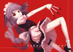 Rule 34 | 1girl, between fingers, braid, female focus, holding, izayoi sakuya, knife, maid, red eyes, short hair, silver hair, simple background, solo, throwing knife, touhou, twin braids, weapon