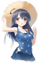 Rule 34 | 10s, 1girl, ahoge, armpits, black hair, blouse, blue one-piece swimsuit, blunt bangs, blush, breasts, brown eyes, brown hat, chagen kokimu, cleavage, clothes pull, cowboy shot, embarrassed, female focus, hair between eyes, hand on headwear, hat, highres, kantai collection, large breasts, looking at viewer, one-piece swimsuit, open clothes, open mouth, open shirt, open skirt, parted bangs, polka dot, polka dot swimsuit, shirt, simple background, skirt, solo, standing, straw hat, swimsuit, swimsuit under clothes, ushio (kancolle), white background